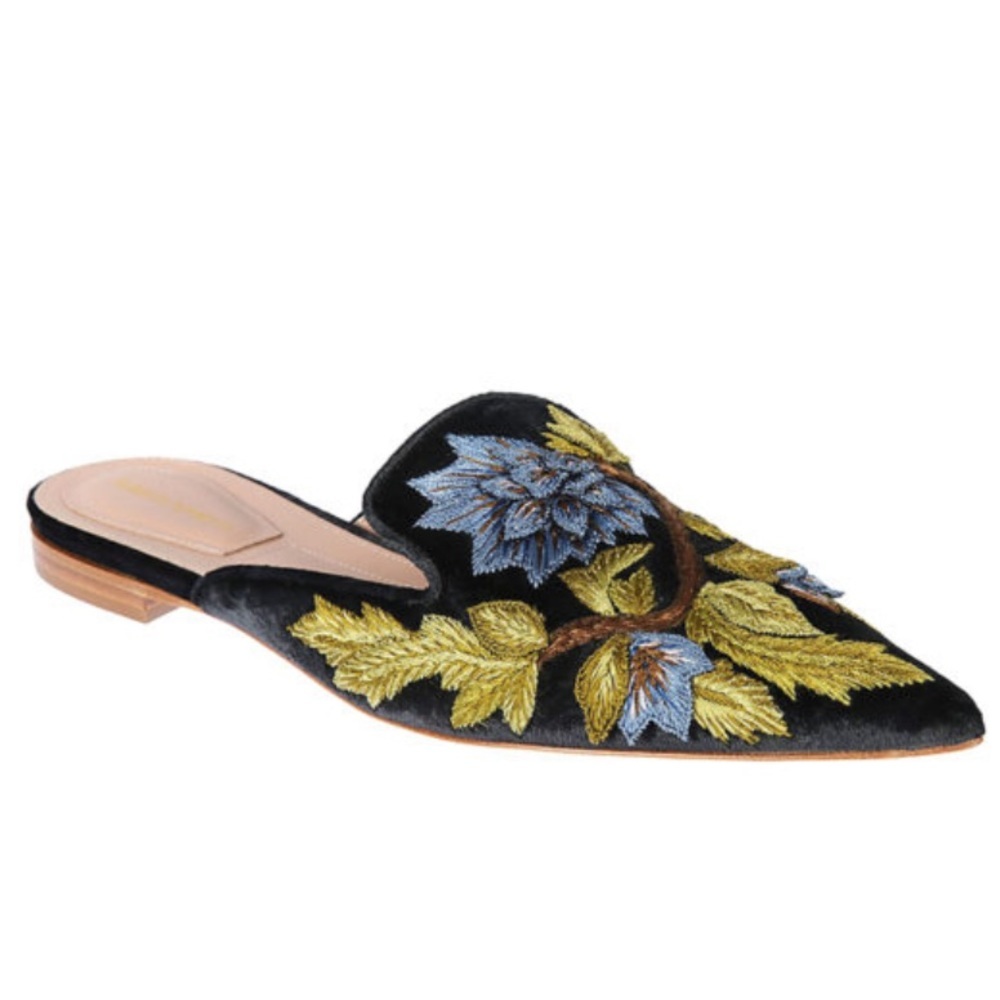 Alberta Ferretti NEW Mia Embroidered Leather Mules Shoes Slides Pointy Toe Flats